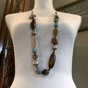 Chicos NEW Everly Long Wood Silver Rust Teal 20 inch necklace